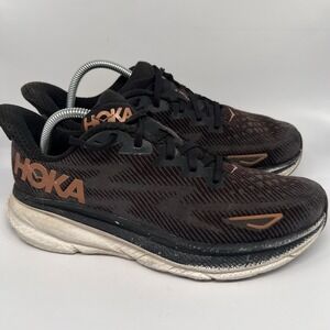 HOKA One One Clifton‎ 9 Black Gold 9.5 B Womens Lace Up Running Shoes Sneakers